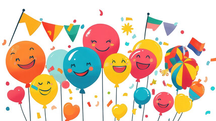 World Happiness Day-themed vector design of a festive scene with colorful balloons, flags, bunting, cheerful characters, and vibrant celebration elements, isolated on white, PNG file