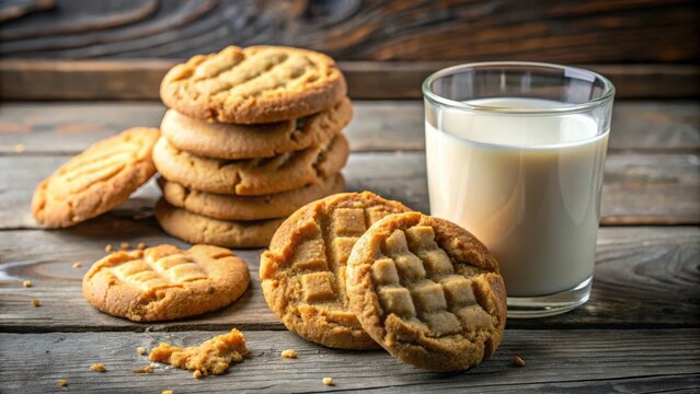 Sweet, crunchy cookies on a rustic wooden table, accompanied by a glass of cold milk