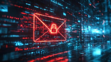 Cybersecurity concept with locked email icon ensuring safe data sharing and encrypted electronic communication, digital protection theme, book illustration style