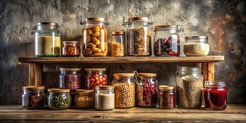 A rustic wooden shelf filled with glass jars holding a variety of dried goods, seeds, and preserved fruits, showcasing a rustic and natural approach to food storage.