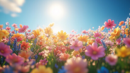 Vibrant flower field under bright sun on a clear day in spring