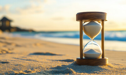 A sand timer sits on the warm sand of a beach, with ocean waves softly rolling in under a colorful sunset sky. The tranquil setting captures the essence of time passing.