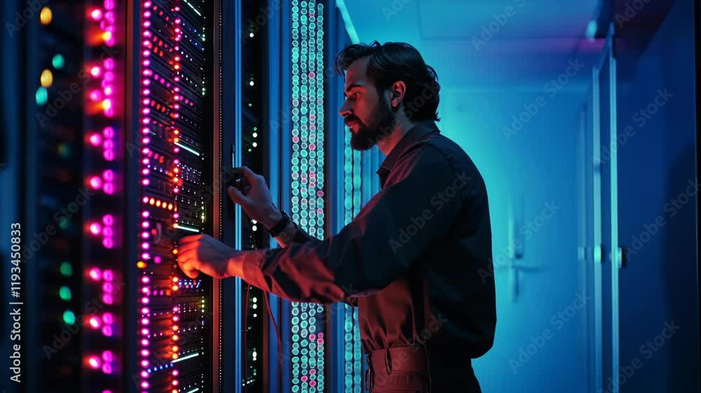 Poster technician working on server rack in a data center