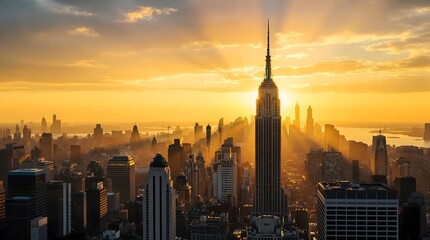 City skyline with sun rays and clouds at sunrise