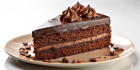 A single slice of chocolate cake with chocolate frosting and whipped cream on top, resting on a plate with chocolate shavings