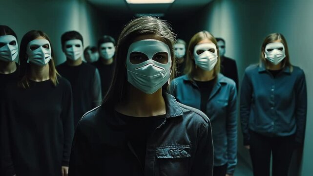 Young Caucasian woman stands forefront wearing mask.Group stands dimly lit corridor.Eyes peer mysteriously masks.Mood conveys suspense,secrecy.Themes anonymity,unity represented.