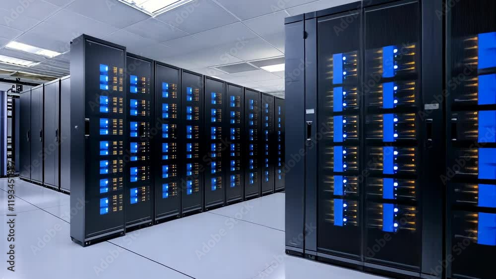 Poster modern data center: rows of servers illuminate the high-tech infrastructure