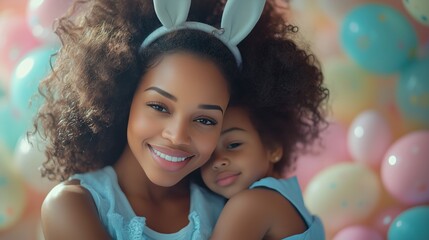 Smiling mother and daughter celebrate together among colorful Easter decorations