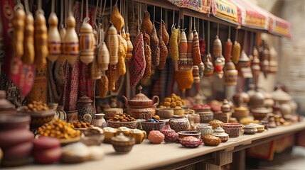 Vibrant Market Stall Displaying Traditional Crafts and Spices in a Bustling Environment