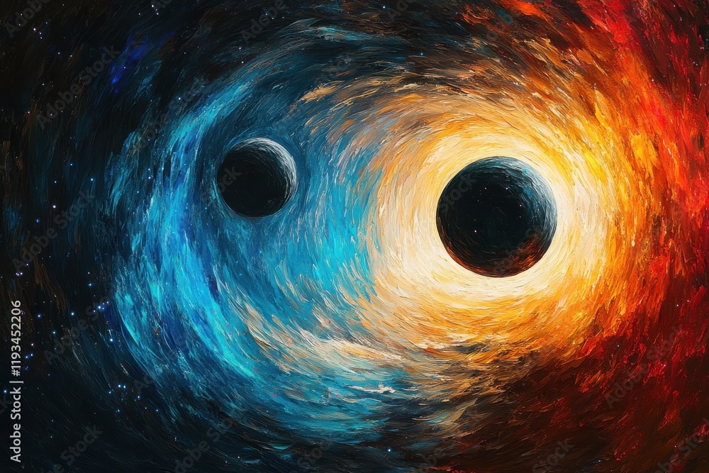 Poster a vivid digital painting of a swirling galaxy with two planets in a space setting showcasing vibrant