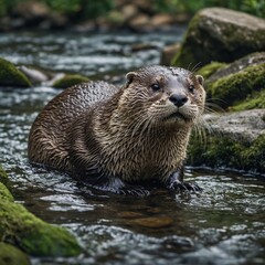 A close-up of an otter swimming in a serene water environment surrounded by greenery.A playful otter splashing water in a jungle creek.Playful otter on mossy rock, whiskers glistening, sliding into 
