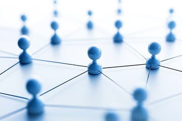 A close-up view of blue game pieces arranged on a connected network, symbolizing teamwork and collaboration, Ideal for concepts related to networking, strategy, and social dynamics,