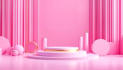 Abstract scene with pink background, white cylinder podium with gold accents for product display, 3D rendering 