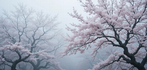 Obraz premium Picture of pink cherry blossom tree in foggy atmosphere