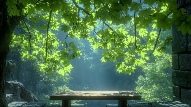 A tranquil spring outdoor scene with young, green foliage and an empty wooden table, complemented by bokeh sunlight for a fresh and nature-inspired atmosphere