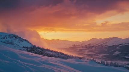 Obraz premium The soft orange and pink hues in the sky contrast beautifully with the cold white of the mountains.