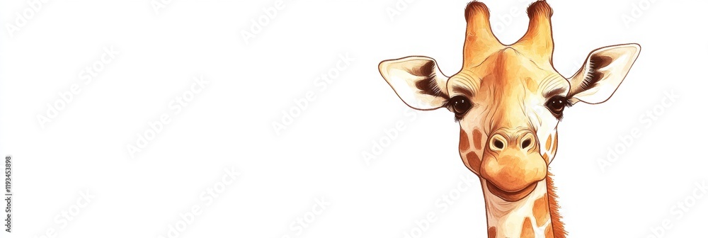 Poster giraffe smiling on a plain background, showcasing its distinct facial features and expressive eyes i