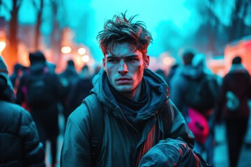 Young man guiding a crowd in an evacuation zone during low light conditions