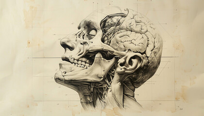Vintage Medical Drawing of the Skull. Detailed Anatomy of the Human Head. Classic Anatomy Drawing of the Human Skull
