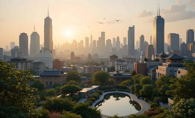 Obraz premium City skyline with Asian garden at sunrise