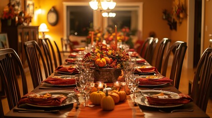 A cozy Friendsgiving dinner setup with warm lighting and fall-themed table settings