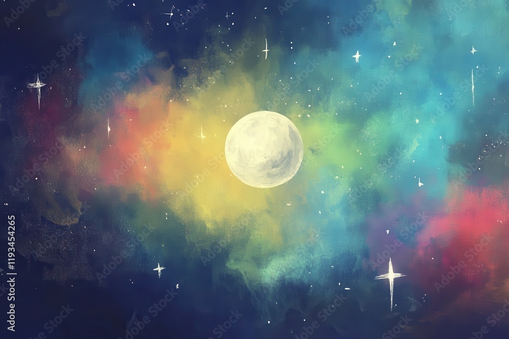Aufkleber bright nebula with moon in impressionist digital art style featuring bold strokes and colorful backd