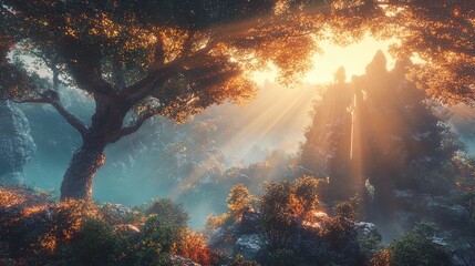 A breathtaking landscape scene featuring a majestic tree with sprawling branches, bathed in golden sunlight filtering through a misty atmosphere. The light creates a soft glow around the leaves, highl