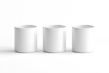 Three Blank White Cylindrical Mugs on White Background