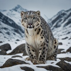 Obraz premium lynx on the rock Snow leopard perched on a radiant, snowy mountain peak. Snow leopard perched on a rock with a snowy mountain backdrop 