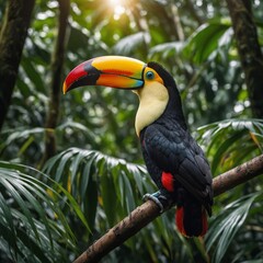 Naklejka premium toucan on a branch a toucan sitting on a tree branch Rainforest Biodiversity, Rich, colorful images of rainforest flora and fauna, emphasizing the need to protect these vital ecosystems