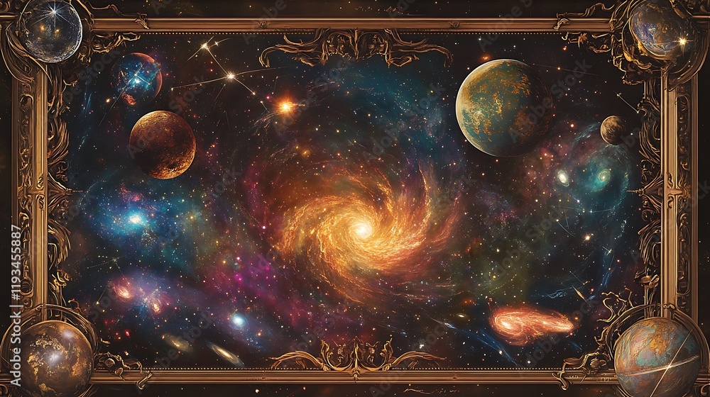 Poster celestial canvas a cosmic spiral within an ornate frame