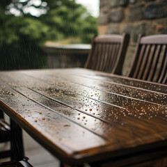 Rain-covered outdoor patio table.  Water droplets glisten on the dark wood surface.