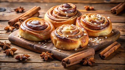 Fototapeta premium Sweet Cinnamon Rolls with a Festive Garnish of Star Anise and Cinnamon Sticks