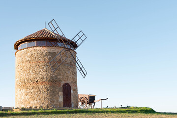Manchego style windmill located in the town of Aguilar de Campos, Tierra de Campos, Spain. This mill is similar to those of Don Quixote but currently a rarity in the northern plateau of Spain.