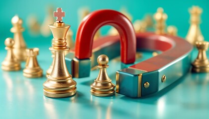 Chess pieces with a horseshoe magnet, golden and red pawns, business strategy metaphor, metallic textures. 3D render, glossy surfaces.