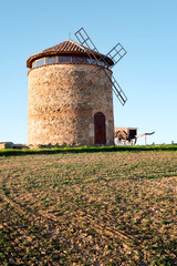 Manchego style windmill located in the town of Aguilar de Campos, Tierra de Campos, Spain. This mill is similar to those of Don Quixote but currently a rarity in the northern plateau of Spain.
