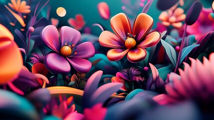 Obraz premium Vibrant stylized flowers bloom in a lush garden