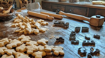 Obraz na płótnie Canvas A cozy homemade pet treat workshop with rolling pins, dough, and cookie cutters