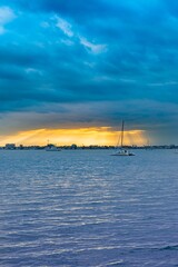 A breathtaking panoramic photograph of a serene sunset at Bayfront Park Sarasota Florida USA taken in January 2025
