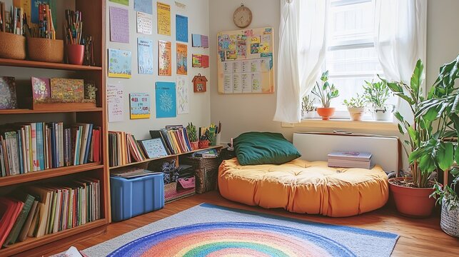 A cozy homeschool setup with books, flashcards, and colorful posters on the wall