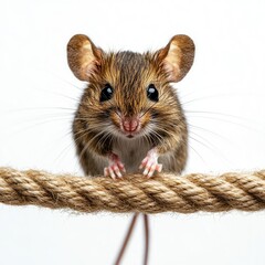Curious Mouse on a Rope with White Background - Close-Up of a Cute Rodent