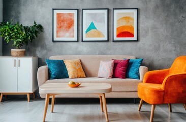 A living room with a modern interior design, gray walls and a sofa, a white cabinet near the wall, colorful decorative pillows on the couch, a wooden coffee table