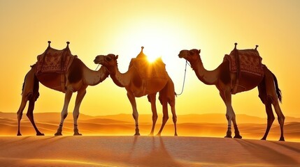 Breathtaking Camels Silhouetted Against a Vibrant Sunset in the Desert Landscape.