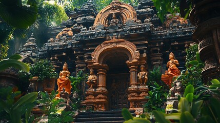 Fototapeta premium Ancient Temple Entrance Overgrown Lush Tropical Foliage