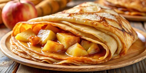 Close-up of golden brown crepes layered with sweet caramelized apple slices and a hint of cinnamon