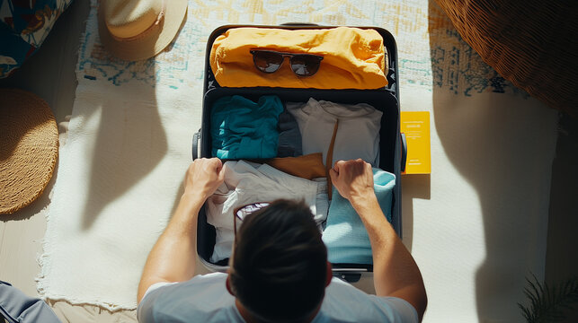 Man packing light clothing, sunglasses, and travel essentials into a suitcase