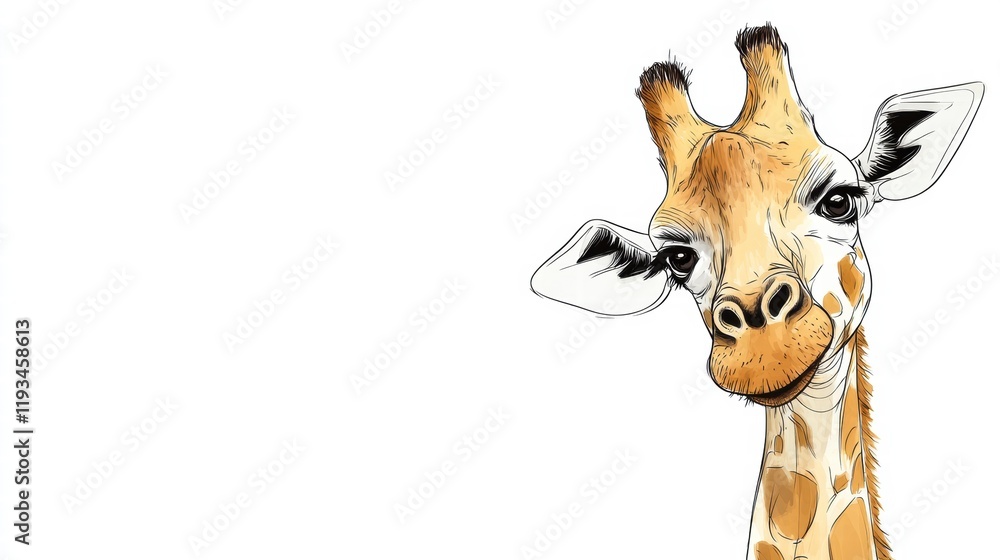 Poster cheerful illustrated giraffe with a friendly expression in a bright and simple design. generative ai