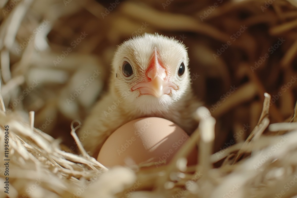 Aufkleber a chick emerging from a cracked eggshell in a nest with soft natural lighting and straw background c
