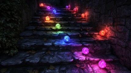 Obraz premium A digital rendering of colorful rainbow balls bouncing down urban stairs, their vibrant colors reflecting the dynamic energy of the cityscape, creating a lively and playful atmosphere in a modern