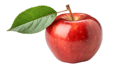 Red apple with leaf, isolated on white transparent background, organic fruit cut out PNG for healthy eating poster, 2025 social media ad, vector illustration, natural diet photo download